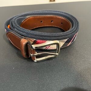 Men's Plaid Blue Red Belt Brown Leather